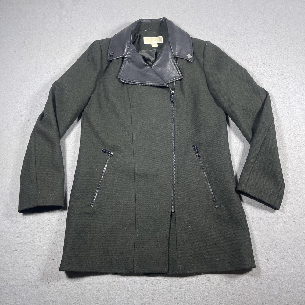 Michael‎ Kors Coat Womens Small Wool Blend Faux Leather Collar Asymmetrical